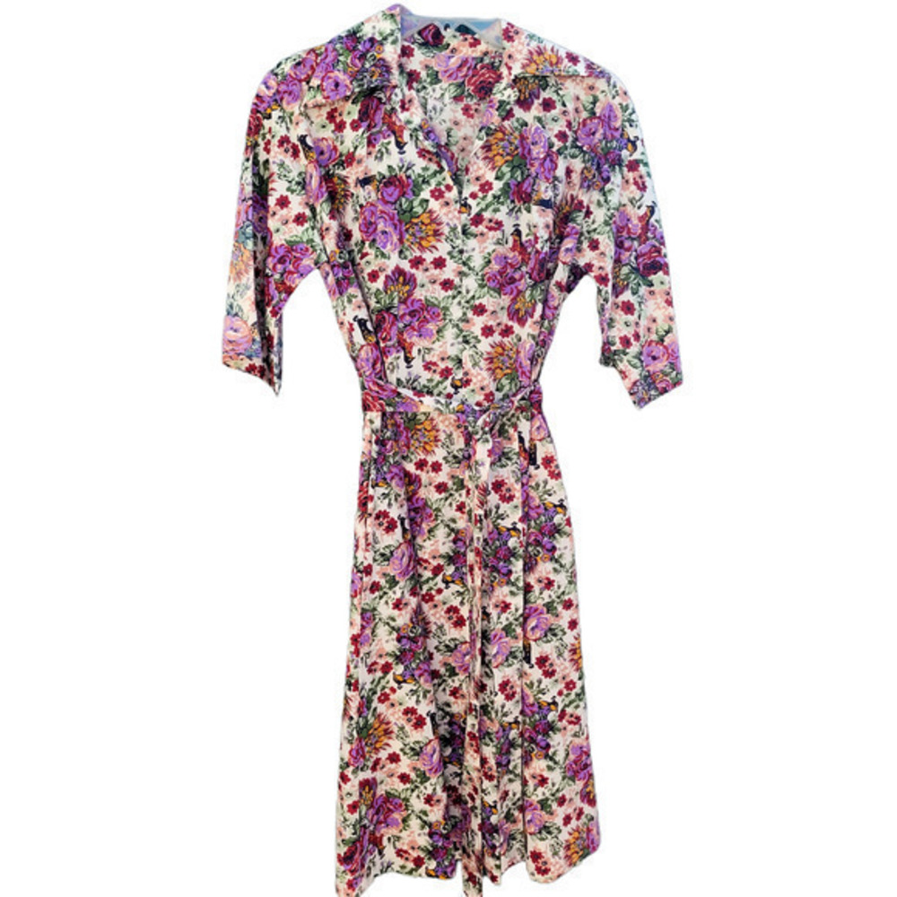 Vintage 70s Hippie Purple Green Pink Peacock 3/4 Sleeve Belt‎ Pocket Shift Dress